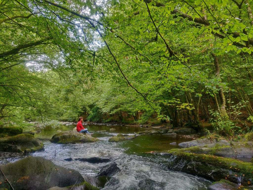 Une personne qui se ressource au bord d'une rivière